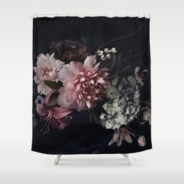 Vintage flowers. Peonies, tulips, lily, hydrangea on black. Floral background. Baroque style floristic illustration.  Shower Curtain