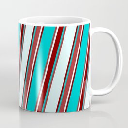 [ Thumbnail: Dark Turquoise, Brown, Light Cyan, and Maroon Colored Lined/Striped Pattern Coffee Mug ]