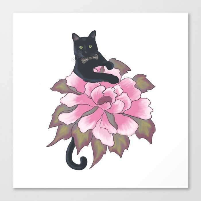 Black Cat on Flower Canvas Print