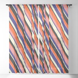 [ Thumbnail: Colorful Red, Light Coral, Midnight Blue, Light Yellow, and Black Colored Stripes Pattern Sheer Curtain ]