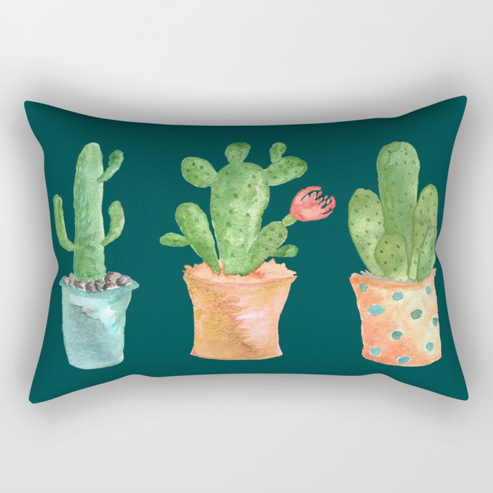 Three Green Cacti On Green Background Rectangular Pillow