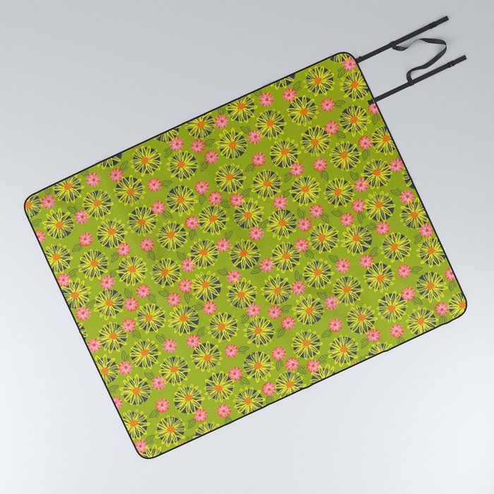 Retro Modern Mini Inked Wildflowers On Green Picnic Blanket