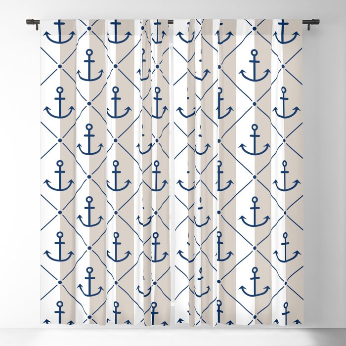 Navy Blue Anchor Pattern on White and Sand Beige Blackout Curtain