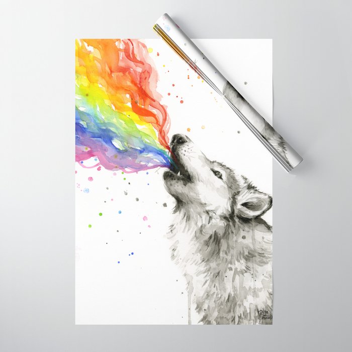 Wolf Howling Rainbow Watercolor Wrapping Paper