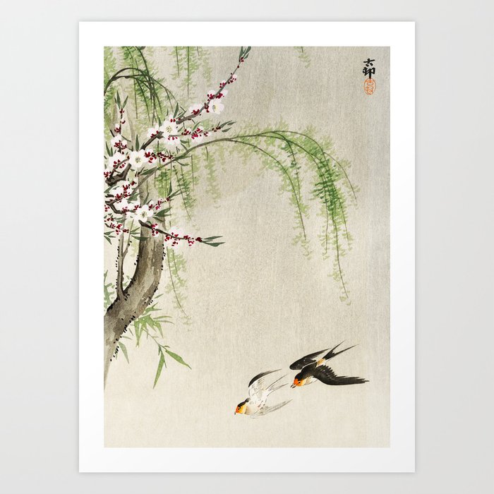 Swallows mid flight - Vintage Japanese Woodblock Print Art Art Print