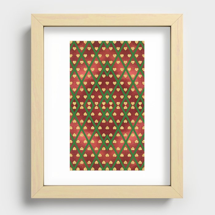 Gold Hearts on a Red Shiny Background with Green Crisscross  Diamond Lines Recessed Framed Print