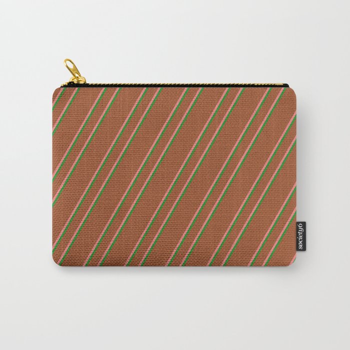 Sienna, Light Coral & Forest Green Colored Stripes Pattern Carry-All Pouch