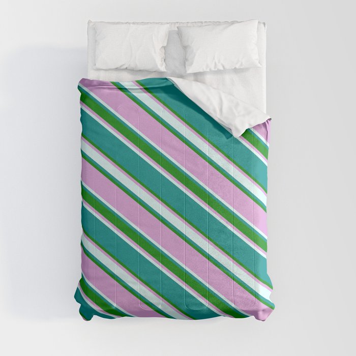 Dark Cyan, Green, Plum & Light Cyan Colored Striped Pattern Comforter