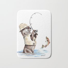 " Natures Fisherman " fishing river otter with trout Bath Mat | River, Fish, Wildlife, Riverotter, Trout, Hollysimental, Fun, Cute, Funny, Animal 