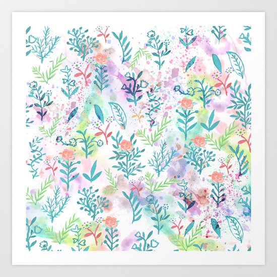 Hand drawn coral pink green watercolor floral Art Print