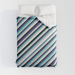 [ Thumbnail: Eyecatching Turquoise, Light Grey, White, Black & Dark Slate Blue Colored Stripes Pattern Comforter ]
