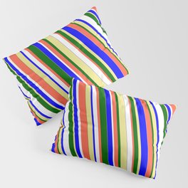 [ Thumbnail: Vibrant Blue, Tan, Dark Green, Red, and White Colored Stripes/Lines Pattern Pillow Sham ]