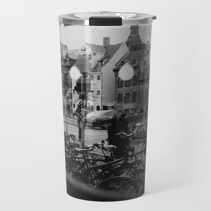 Copenhagen street scene,view from cafe, black and white Travel Mug