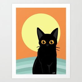 Sunset and cat Art Print | Cat, Sunset, Orange, Blackcat, Feline, Illustration, Animal, Lovely, Kitty, Drawing 