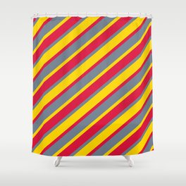 [ Thumbnail: Yellow, Crimson, and Slate Gray Colored Striped Pattern Shower Curtain ]