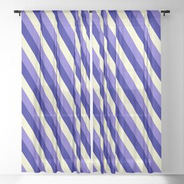 [ Thumbnail: Slate Blue, Dark Blue & Light Yellow Colored Lined/Striped Pattern Sheer Curtain ]