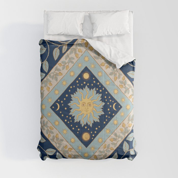 Sun Moon and Stars Celestial Blue Comforter