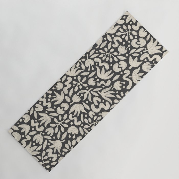 Florals in Off White and Spade Black | Hand Painted Pattern Yoga Mat