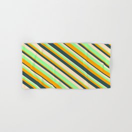 [ Thumbnail: Orange, Dark Slate Gray, Bisque, and Green Colored Lined/Striped Pattern Hand & Bath Towel ]