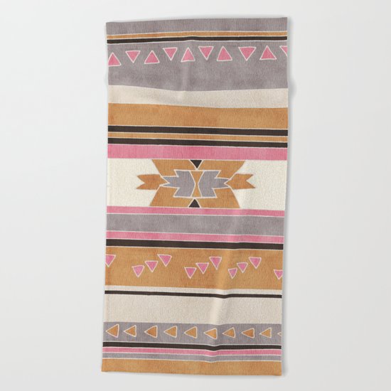 Rustic Tribal Pattern in Raw Sienna, Strawberry and Ash Beach Towel