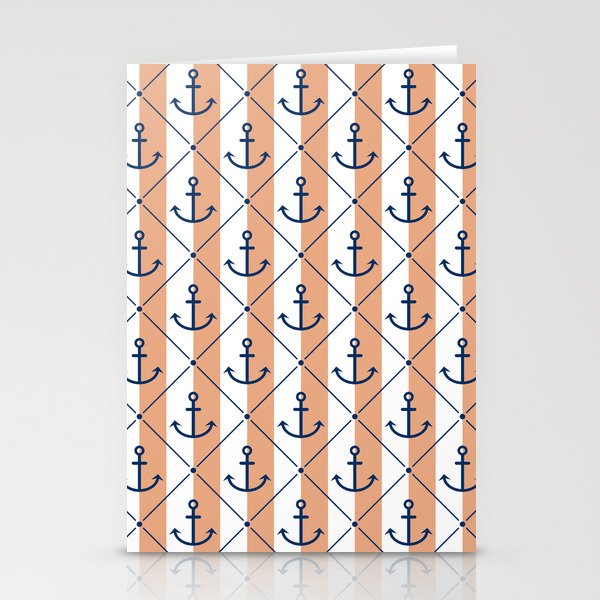 Navy Blue Anchor Pattern on White and Peach Orange Stationery Cards