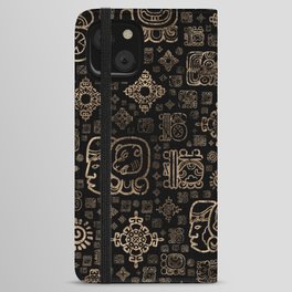 Mayan glyphs and ornaments pattern -gold on black iPhone Wallet Case