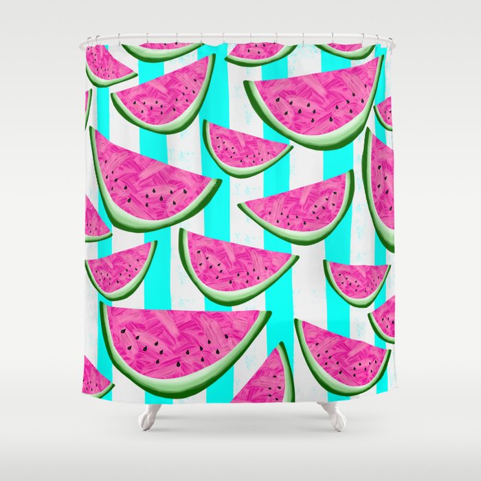 Watermelon Crush On Aqua And White Stripes Shower Curtain By Rc Arty Watermelon Crush On Aqua And White Stripes Shower Curtain By Rc Arty Society6