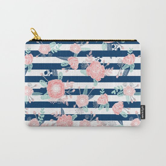 Florals bouquet navy stripe modern classic pattern print nautical preppy chic kids children college Carry-All Pouch