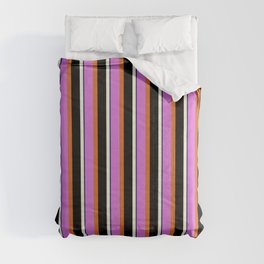 [ Thumbnail: Orchid, Chocolate, Black, Beige & Midnight Blue Colored Lined/Striped Pattern Comforter ]
