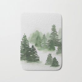 Green Trees in Snow - Forest White Snowy Christmas Winter Nature Watercolor Art Print Wall Décor  Bath Mat | Christmas, Seasonal, Thesimplelife, Winter, Huntergreen, Rustic, Painting, Snowshoeing, Trees, Ruralscene 