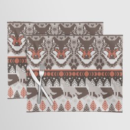 Fair isle knitting grey wolf // oak and taupe brown wolves orange moons and pine trees Placemat