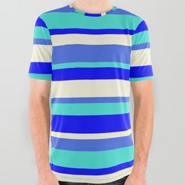 [ Thumbnail: Royal Blue, Turquoise, Blue & Beige Colored Lined Pattern All Over Graphic Tee ]