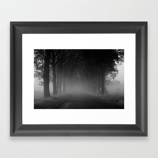 Avenue of trees in the fog white black Framed Art Print