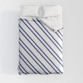 [ Thumbnail: White, Blue & Midnight Blue Colored Striped Pattern Comforter ]