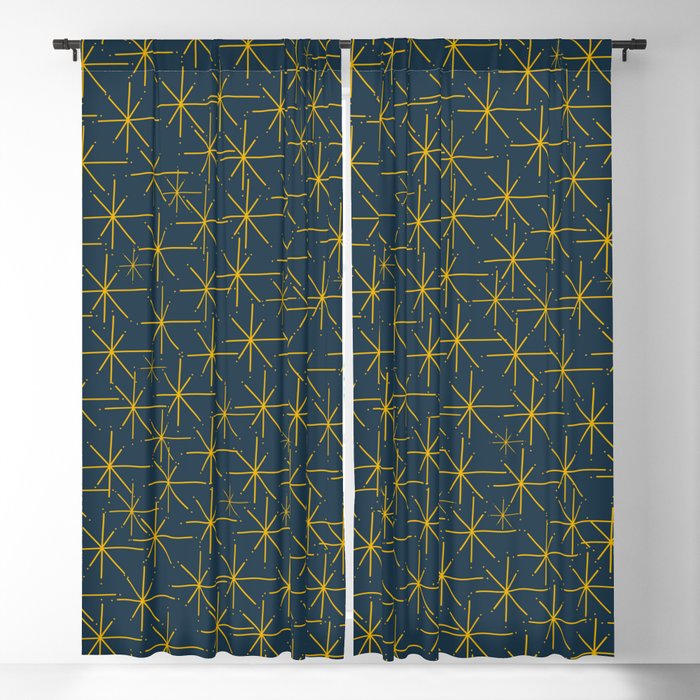 Stella - Atomic Age Mid Century Modern Pattern in Light Mustard Yellow and Navy Blue Blackout Curtain