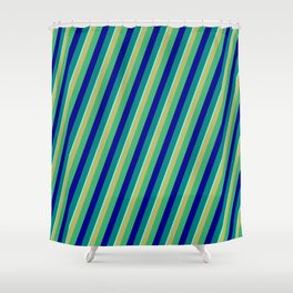 [ Thumbnail: Vibrant Dark Khaki, Sea Green, Dark Blue, Teal & Aquamarine Colored Striped Pattern Shower Curtain ]