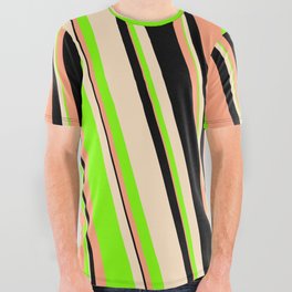[ Thumbnail: Light Salmon, Black, Bisque & Chartreuse Colored Striped/Lined Pattern All Over Graphic Tee ]