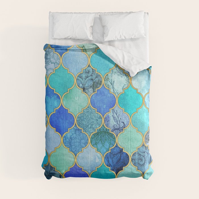 Cobalt Blue, Aqua & Gold Decorative Moroccan Tile Pattern
