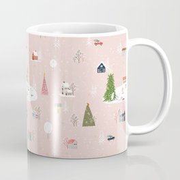 Seamless pattern Cute Christmas landscape in the town with fairy tale houses,car,polar bear playing ice skates and Christmas trees,Panorama flat design in village on Christmas eve Coffee Mug