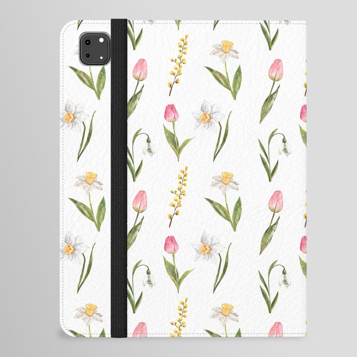 Spring Flowers Watercolor painting Pink Tulips Daffodil Narcissus Snowdrop Flower art  iPad Folio Case