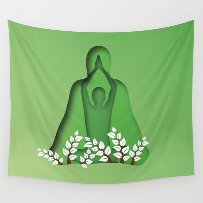 Yoga and meditation position in green Wall Tapestry