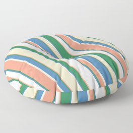 [ Thumbnail: Eye-catching Dark Salmon, Sea Green, Blue, White, and Bisque Colored Stripes Pattern Floor Pillow ]