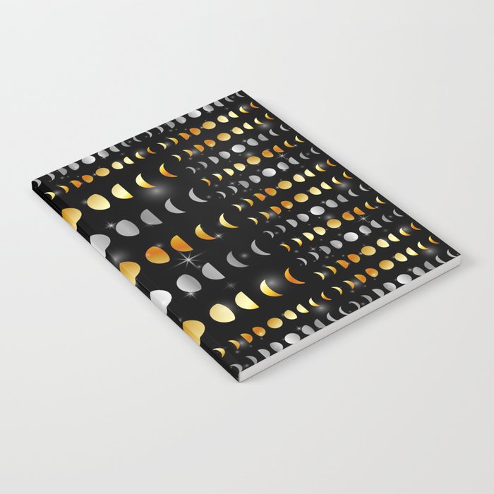 Celestial Moon phases and stars in silver and gold Notebook