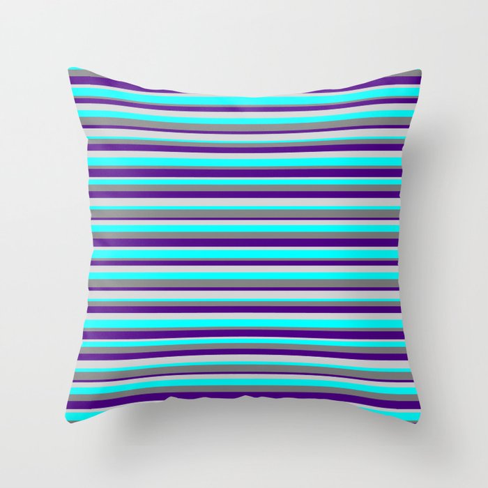 Grey, Indigo, Light Gray, and Cyan Colored Striped Pattern Throw Pillow