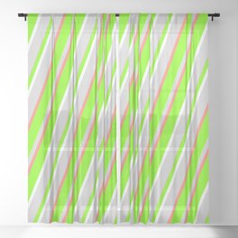 [ Thumbnail: Green, White, Light Gray & Salmon Colored Striped/Lined Pattern Sheer Curtain ]