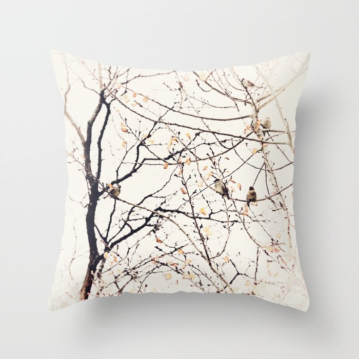 House Sparrows in Tree Branches Stylized Minimalist Nature Throw Pillow