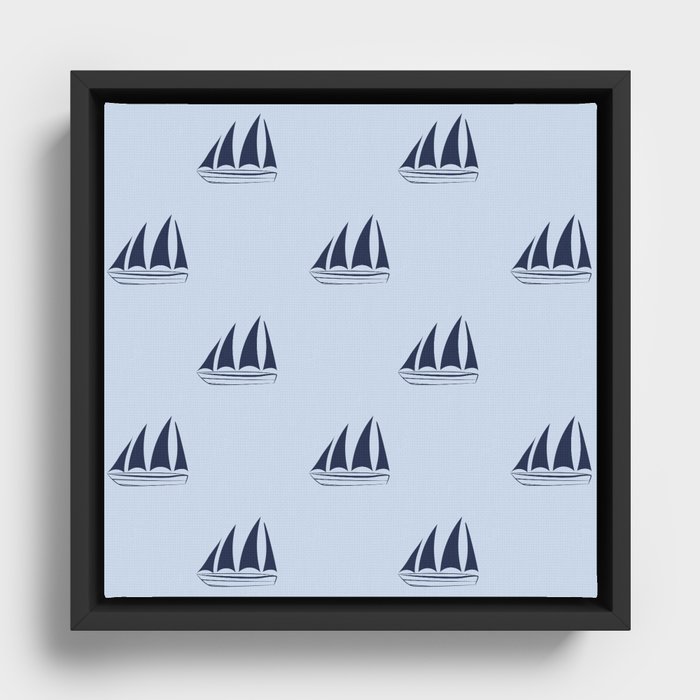 Navy blue Sailboat Pattern on pale blue background Framed Canvas