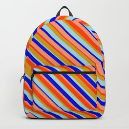[ Thumbnail: Eye-catching Red, Goldenrod, Powder Blue, Blue, and Light Salmon Colored Lined/Striped Pattern Backpack ]