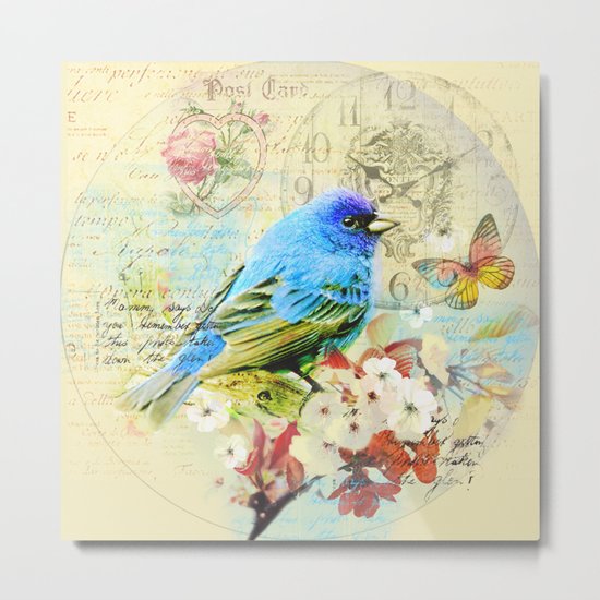 Vintage illustration with bird and butterfly Metal Print