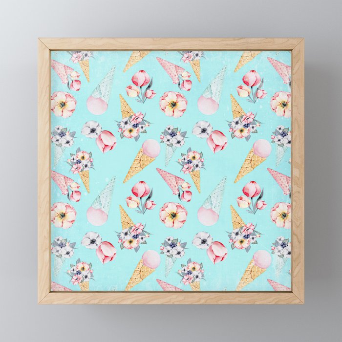 Pink & Teal Summer Fun Flower Ice Cream Cone - Pattern Framed Mini Art Print